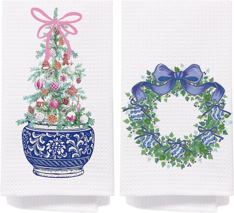 SPBL&L Chinoiserie Christmas Kitchen Towels,Blue Bow Coquette Christmas Tree Dish Towels for Kitchen Bathroom, Blue Christmas Hand Towels for Kitchen,Set of 2 Grandmillennial Decor,16x24 Inches - Image 1